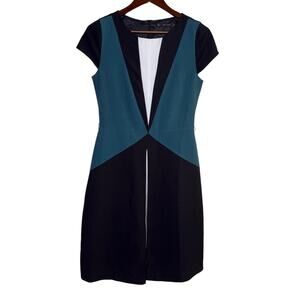 Zara Professional Cap Sleeve Colorblock Sheath Midi Dress S Blue Black White
